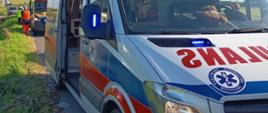 Na zdjęciu widoczne są karetki pogotowia ratunkowego. Na drugim planie widoczny ratownik medyczny oraz funkcjonariusz Policji.