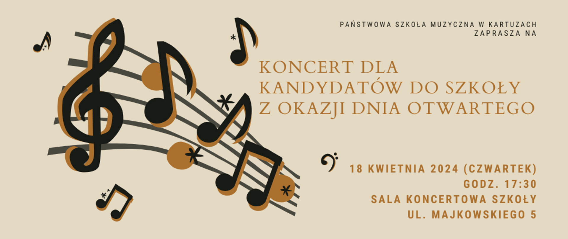 Informacja o dniu otwartym szkoły i klucz wiolinowy z nutami na beżowym tle