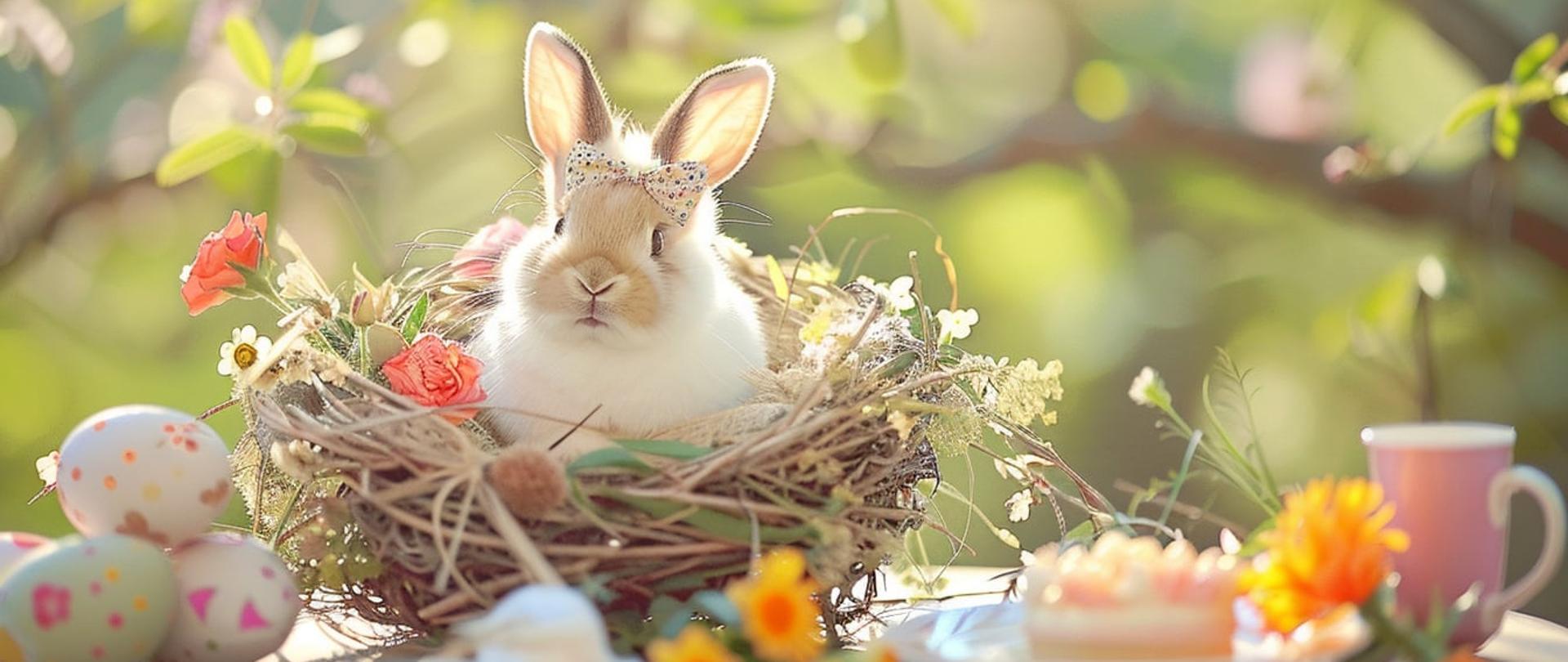 Życzenia Wielkanocne stół świąteczny z wielkanocnymi ozdobami, żywym królikiem w koszyku na tle wiosennego ogrodu.