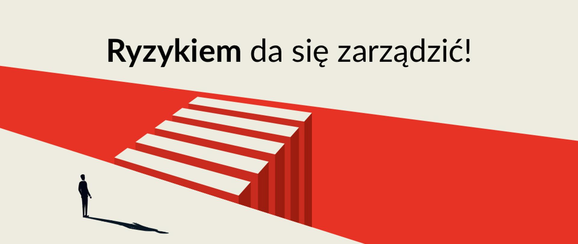 Baner o treści: "Ryzykiem da się zarządzić!" przedstawiający postać stojącą przed przejściem nad przepaścią.