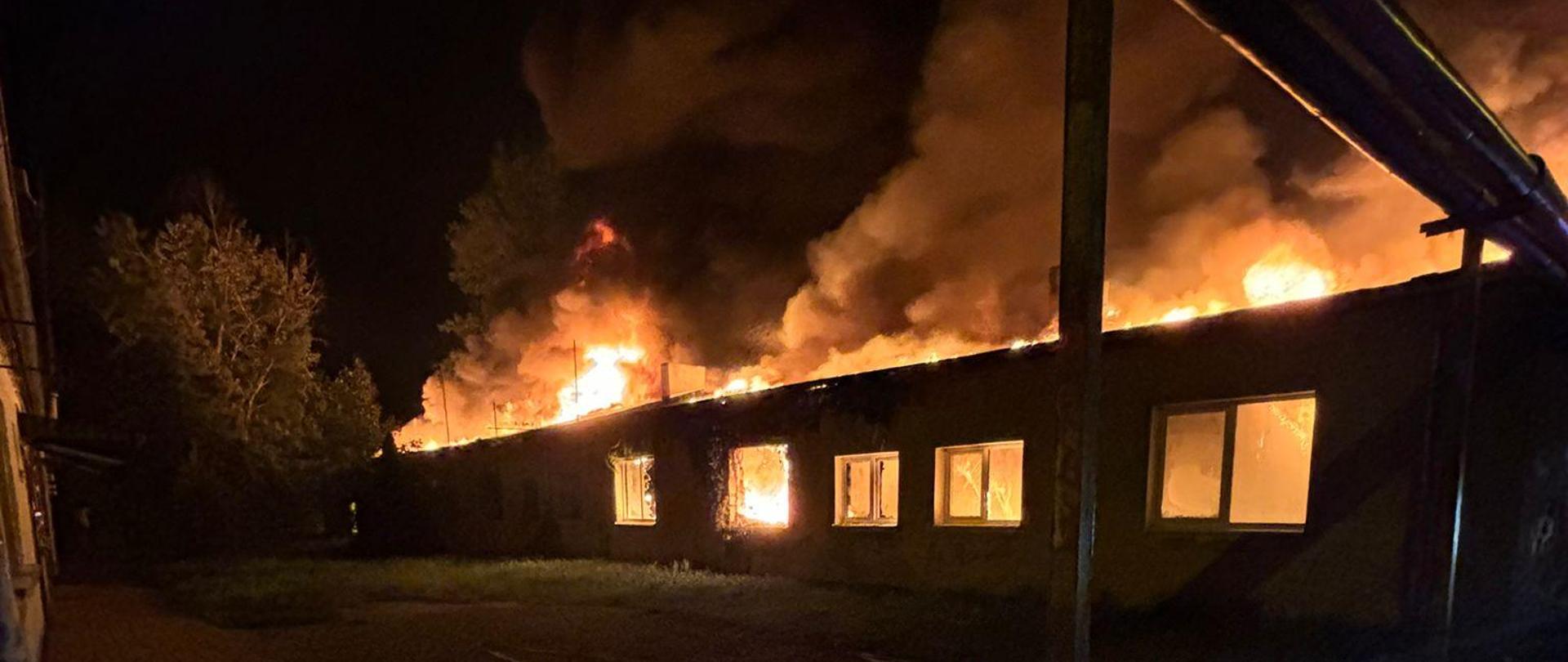 Zdjęcie przedstawia pożar pustostanu. Budynek całkowicie objęty pożarem. Ogień wydobywa się ponad spalony dach. 