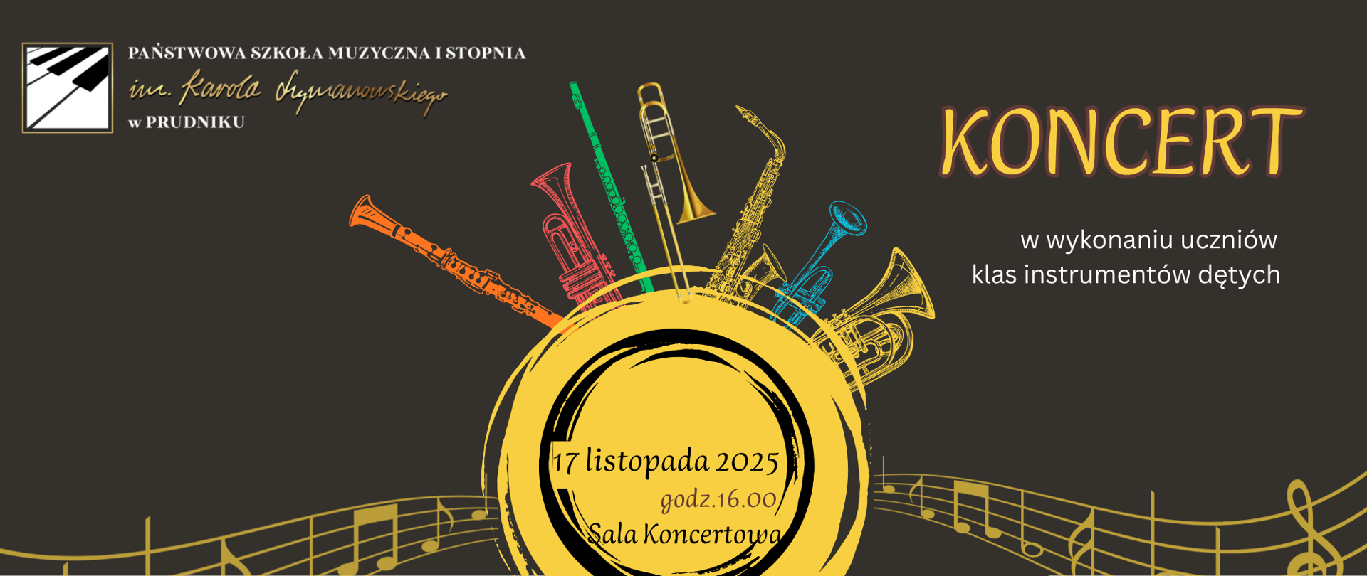 Baner z informacją o koncercie w wykonaniu uczniów klas instrumentów dętych. Na ciemnym tle kolorowa ikonografia przedstawiająca różne instrumenty dęte. W lewym górnym rogu logo szkoły.