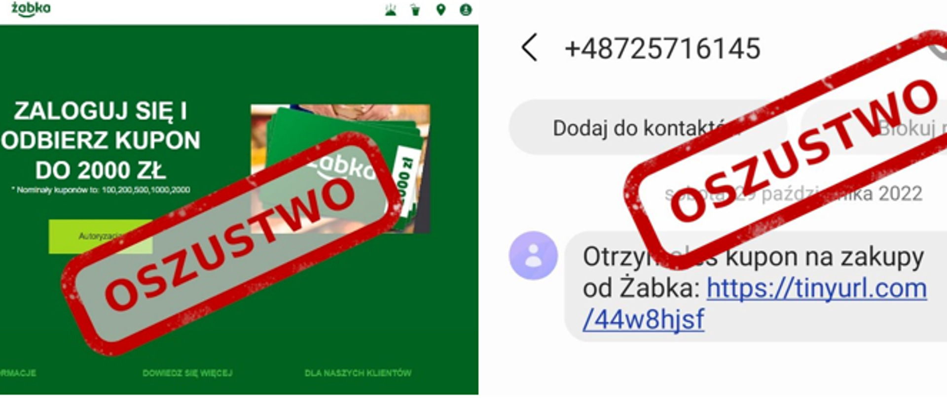 Zdjęcie fałszywego sms Otrzymałeś kupon na zakupy od Żabka https://tinyurl.com/44w8hjsf
