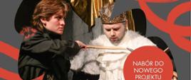 Plakat Studium Animatorów Kultury w Kaliszu informujący o naborze do nowego projektu zespołu teatralnego STUDNIA. Na grafice widoczni są dwaj aktorzy w kostiumach podczas przedstawienia. Zajęcia teatralne odbędą się 21 września 2026 roku o godz. 18:00 przy ul. Podmiejskiej 25 w Kaliszu.