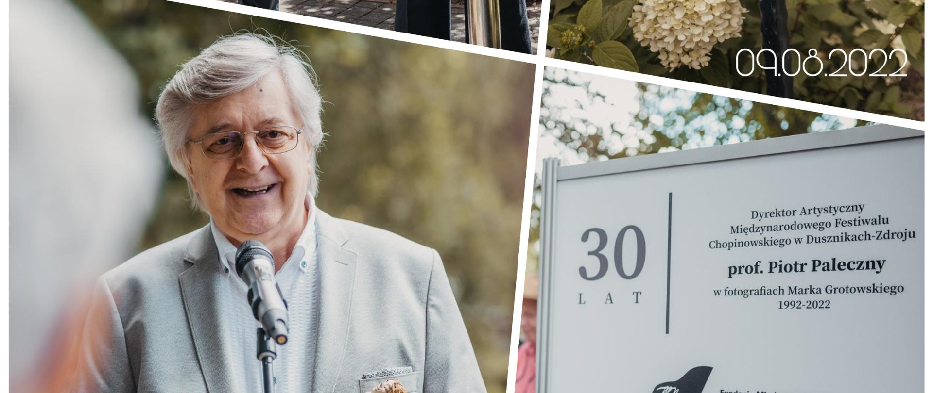 Kolaż składający się z czterech, kolorowych zdjęć z uroczystości otwarcia Aleji im. Profesora Piotra Palecznego w Parku Zdrojowym w Dusznikach-Zdroju (okolice Dworku Chopina), na których widać Piotra Palecznego i inne osoby uczestniczące w uroczystości.