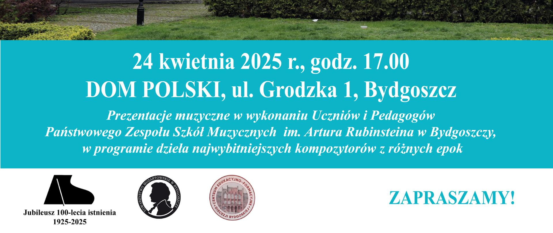 plakat na białym tle niebieski napisy o koncercie 24 kwietnia w domu polskim poniżej szary zabytkowy dom z czerwonym dachem w otoczeniu drzew