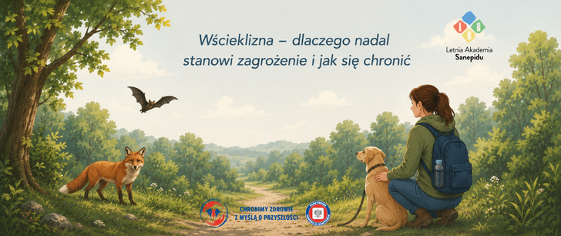 Grafika przedstawia leśną ścieżkę w otoczeniu zielonych drzew. Po lewej stronie znajduje się lis, nad nim leci nietoperz. Po prawej stronie widoczna jest kobieta siedząca obok psa na smyczy. U góry grafiki umieszczono tytuł: „Wścieklizna – dlaczego nadal stanowi zagrożenie i jak się chronić”. W prawym górnym rogu logo Letniej Akademii Sanepidu. Na dole logo Państwowej Inspekcji Sanitarnej wraz z hasłem: Chronimy zdrowie z myślą o przyszłości. 