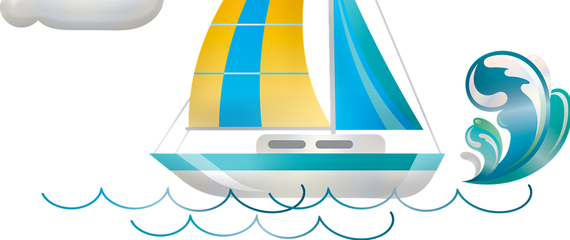 Obrazek przedstawia żaglówkę na wodzie. W tle po prawej stronie świeci słońce