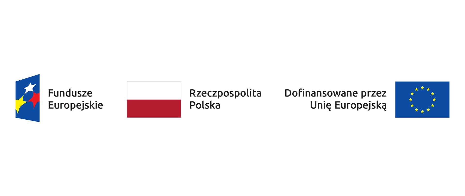 Grafiki przedstawiające Logo Funduszy Europejskich, flagę Polski oraz flagę Unii Europejskiej
