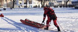 Zdjęcie przedstawia ratownika w pełnym, czerwonym kombinezonie wypornościowym i kasku, który przemieszcza się po zamarzniętej tafli zbiornika wodnego pokrytej śniegiem. Ratownik jest odwrócony tyłem, pochylony, i pcha przed sobą długie, pomarańczowe sanie lodowe wyposażone w uchwyty i pasy. W oddali, po lewej stronie, widać drugą osobę leżącą na śniegu (pozoranta). Tło stanowią bezlistne drzewa oraz budynki miejskie pod bezchmurnym, błękitnym niebem.