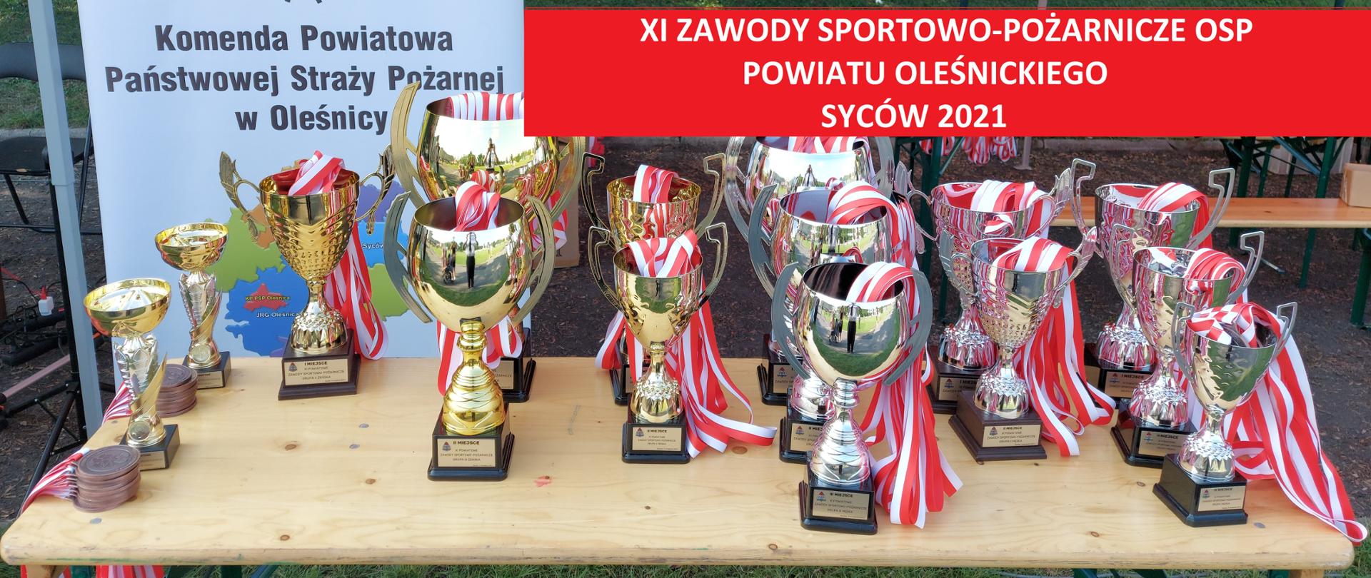 Na zdjęciu widać puchary dla uczestników zawodów. 