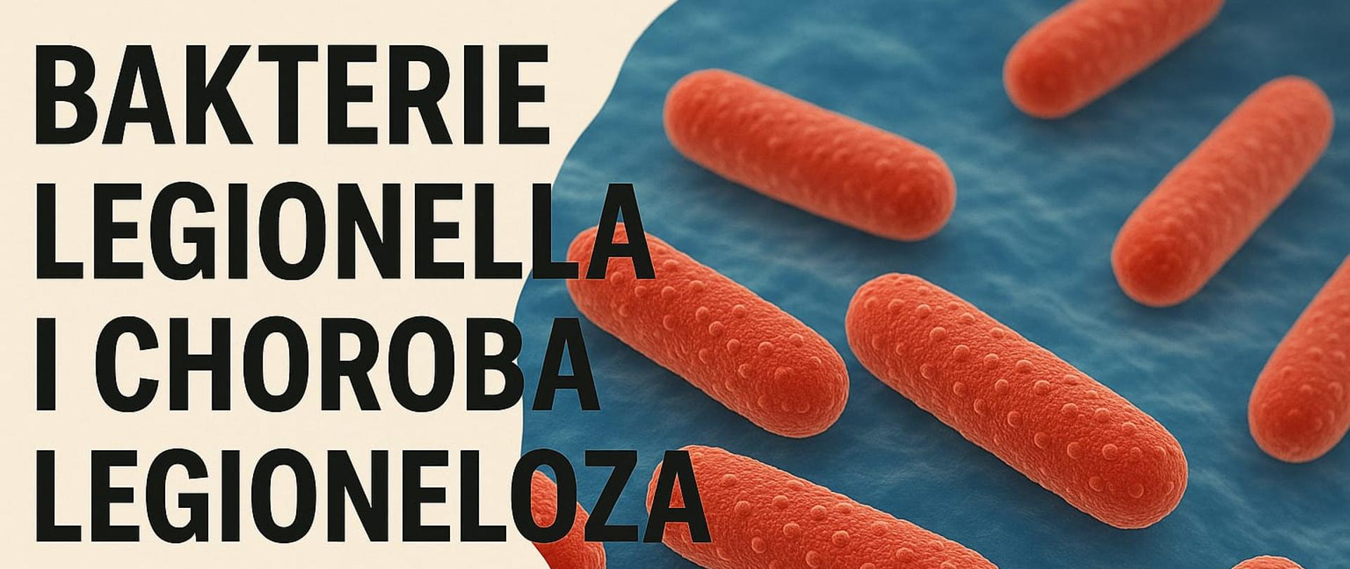 Grafika edukacyjna przedstawia realistyczne, trójwymiarowe zbliżenie czerwonych bakterii Legionella na niebieskim tle, przypominającym powierzchnię wody widzianą pod mikroskopem. Po lewej stronie znajduje się beżowe tło z pogrubionym czarnym napisem: „BAKTERIE LEGIONELLA I CHOROBA LEGIONELOZA”. Pod tytułem, mniejszą czcionką, umieszczono nazwę instytucji: „PSSE Chojnice”. Kompozycja łączy przekaz informacyjny z sugestywnym obrazem mikroorganizmów chorobotwórczych.