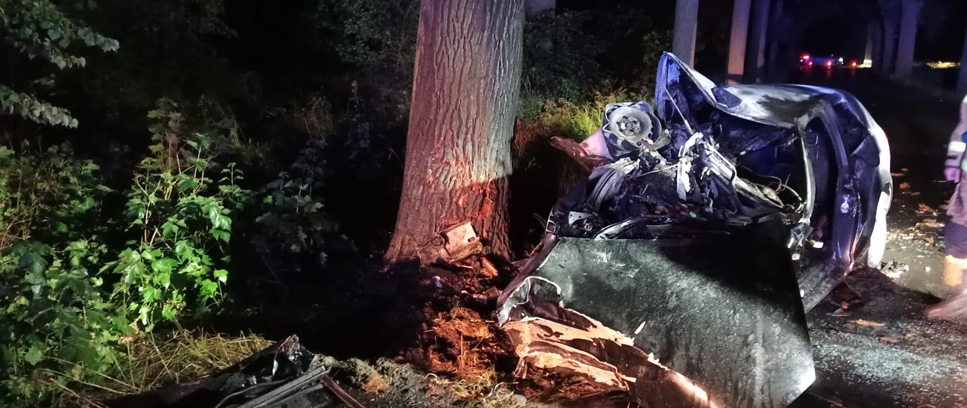 Przedstawia rozbity i spalony wrak samochodu. Ciężko nawet ustalić jego model i markę. Z lewej strony drzewo , w które uderzył mężczyzna. W tle droga asfaltowa.