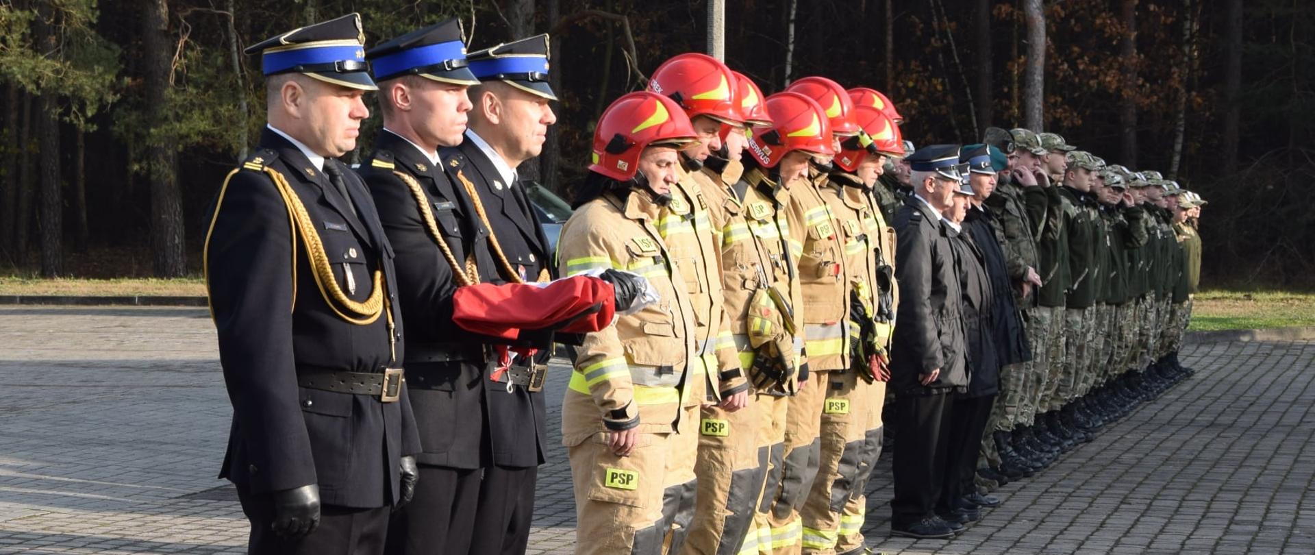 Na pierwszym planie grupa osób stoi w rzędzie – są ustawieni w linii prostej. Natomiast w oddali osoby są ustawione w dwuszeregu. Pierwszoplanowi to Strażacy z Komendy Powiatowej w Golubiu-Dobrzyniu. Trzy osoby ubrane są w umundurowanie galowe, reszta w ubraniu bojowym. Na drugim planie widoczne osoby to Strażacy w ubraniu galowym, a także żołnierze ze swoimi podopiecznymi – są nimi uczniowie klasy mundurowej z Liceum w Golubiu-Dobrzyniu im. Anny Wazówny.