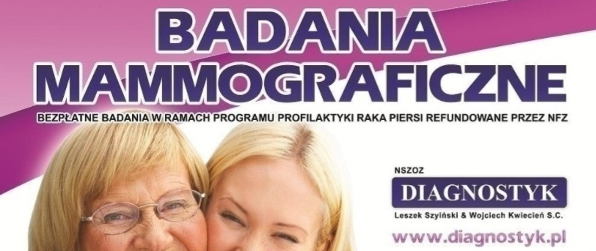 Na zdjęciu uśmiechnięte matka w objęciach córki. Plakat zachęcający do bezpłatnego badania mammograficznego