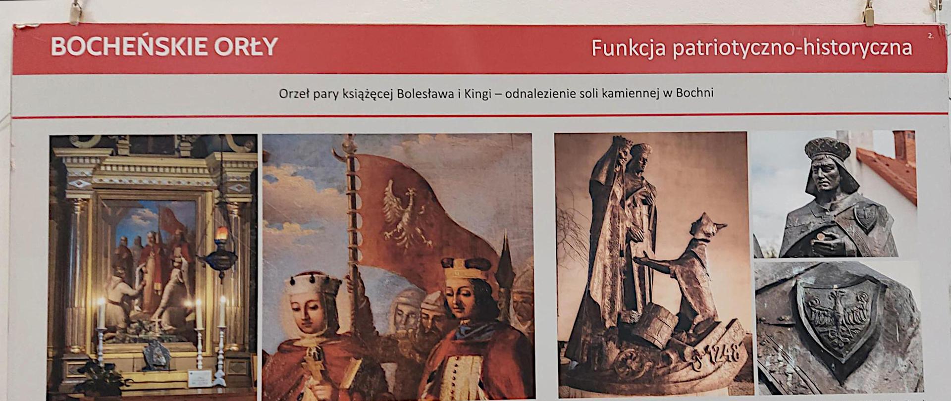 Cztery reprodukcje ukazujące parę książęcą w wersji malowanej i rzeźbiarskiej, powyżej napis Bocheńskie Orły, funkcja patriotyczno-historyczna 