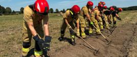 grupa strażaków w czerwonych Chełmach przygotowuje rów specjalnym sprzętem podręcznym