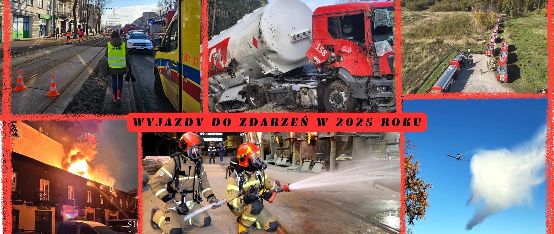 Na tej grafice widoczny jest zbiorczy kolaż przedstawiający wyjazdy do zdarzeń w 2025 roku, wykonany w formie podsumowania działalności ratowniczej.
Centralnie umieszczony napis „WYJAZDY DO ZDARZEŃ W 2025 ROKU” jasno wskazuje, że jest to materiał podsumowujący rok służby.