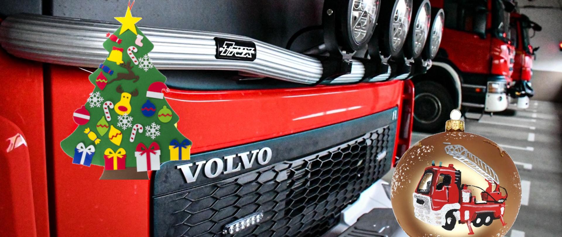 Przód samochodu strażackiego z ozdobami świątecznymi w postaci grafik gif