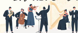 Plakat ze szczegółami wyjazdu na beżowym tle i grafiką przedstawiającą orkiestrę w prawym dolnym rogu