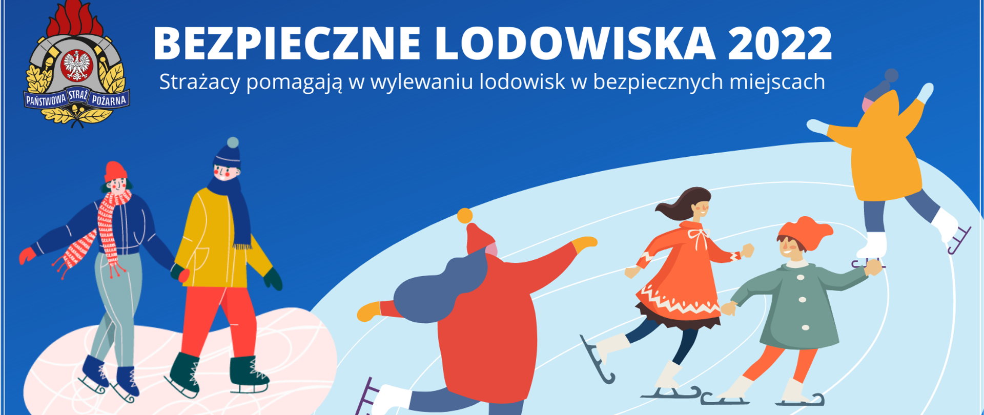 Na grafice widoczne jest lodowisko, na którym ślizgają się na łyżwach dorośli i dzieci. Postacie ubrane są w kolorowe kurtki i płaszcze, mają na głowach czapki i szaliki. W lewym górnym rogu grafiki umieszczone jest logo Państwowej Straży Pożarnej.