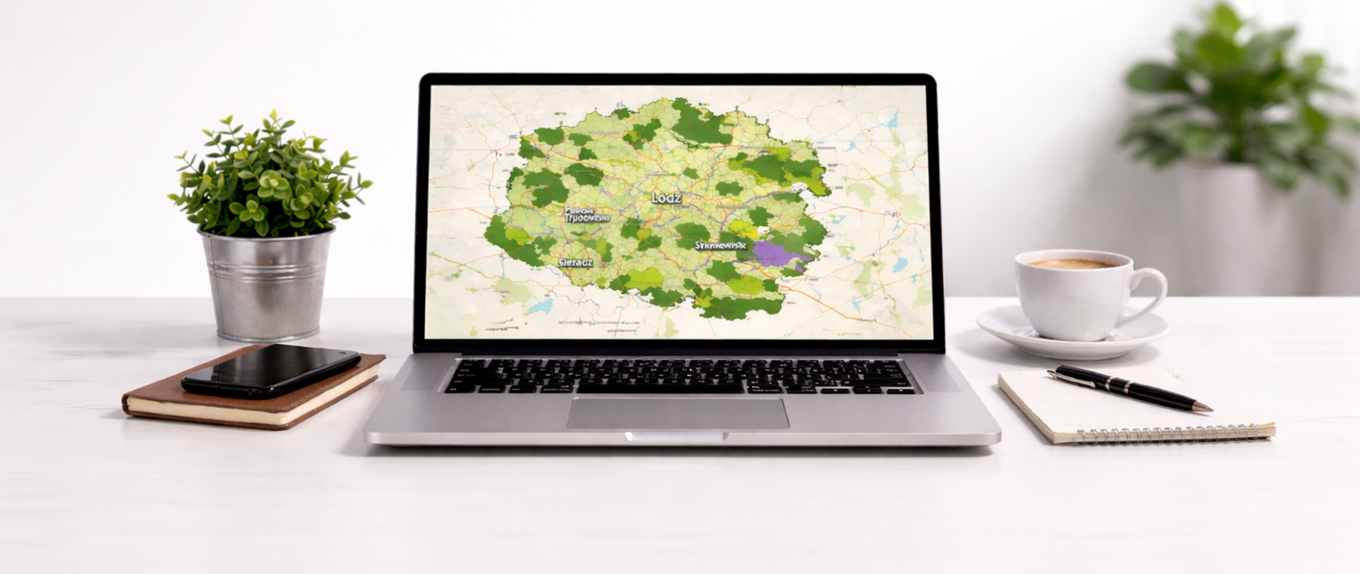 laptop na biurku; na ekranie mapa województwa łódzkiego z zaznaczonymi cennymi przyrodniczo obszarami, obok roślina w doniczce, smartfon, notes, długopis i filiżanka kawy