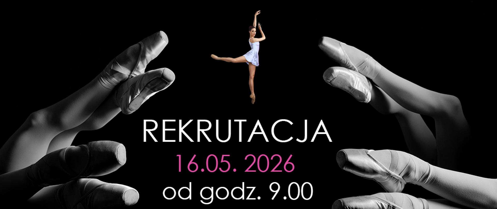 czarne tło, z prawej i lewej stopy tancerek, pośrodku napis "rekrutacja"
