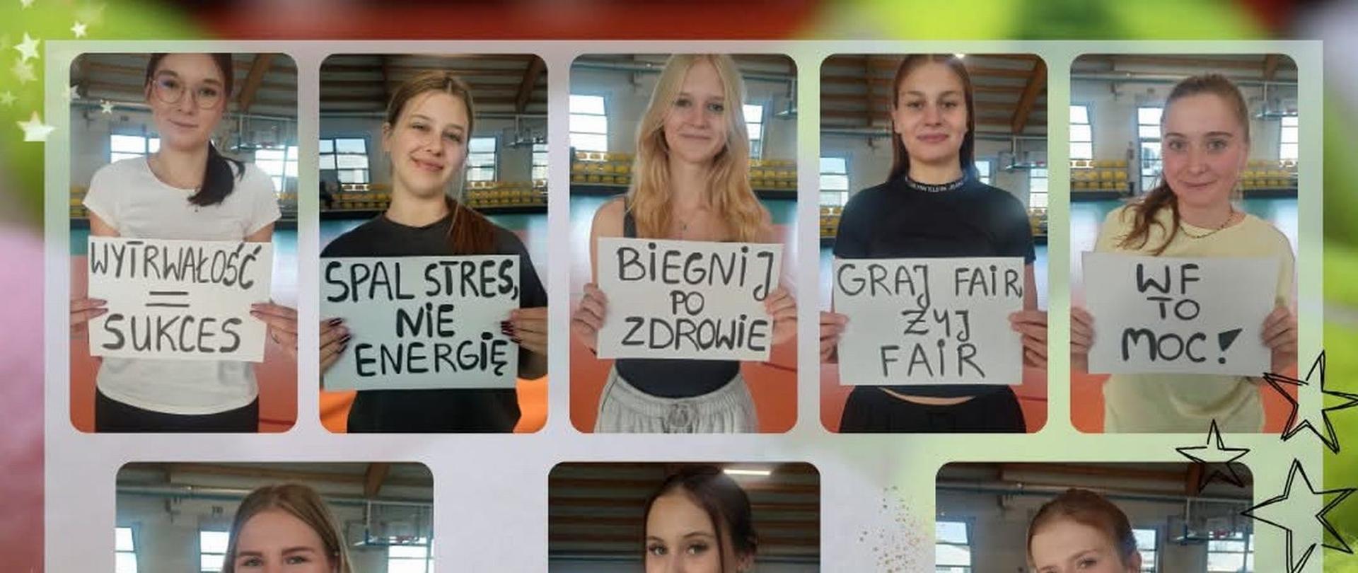 Zdjęcie to kolaż dziesięciu indywidualnych zdjęć, ułożonych w siatkę (dwa rzędy po pięć), przedstawiających młode kobiety promujące aktywność fizyczną i zdrowy styl życia za pomocą ręcznie robionych tabliczek z napisami.