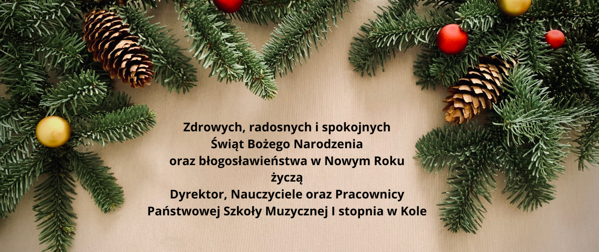 na jasnym tle w otoczeniu świątecznych gałązek życzenia świąteczne od społeczności szkolnej