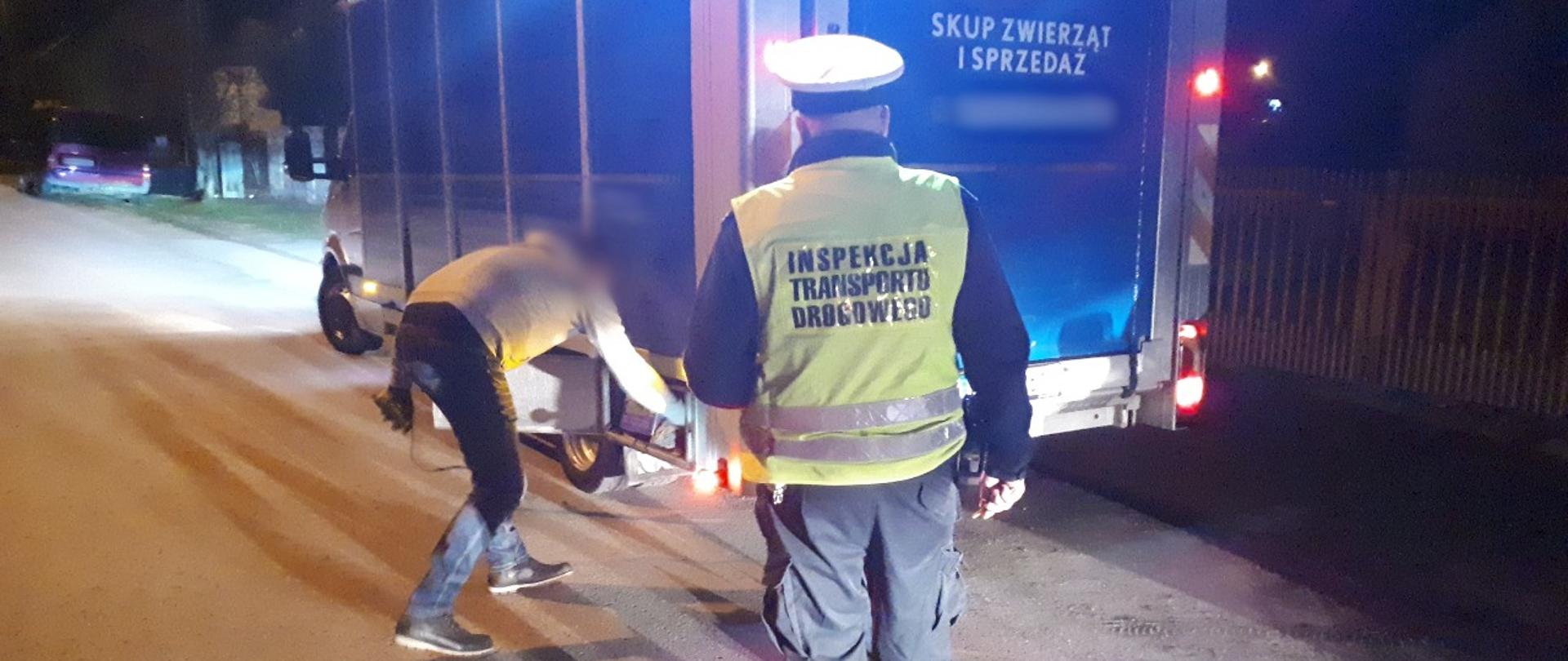 Umundurowany funkcjonariusz mazowieckiej Inspekcji Transportu Drogowego stoi za pojazdem zatrzymanym do kontroli. Kierowca busa przewożącego konie stoi obok pojazdu i otwiera drzwi do przestrzeni ładunkowej.