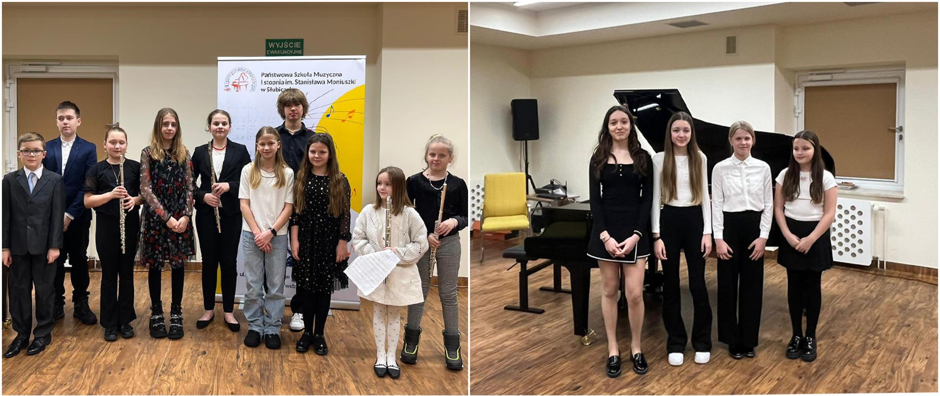 Collage dwóch zdjęć, na obu grupy kilkoro uczniów stojących w auli szkoły.