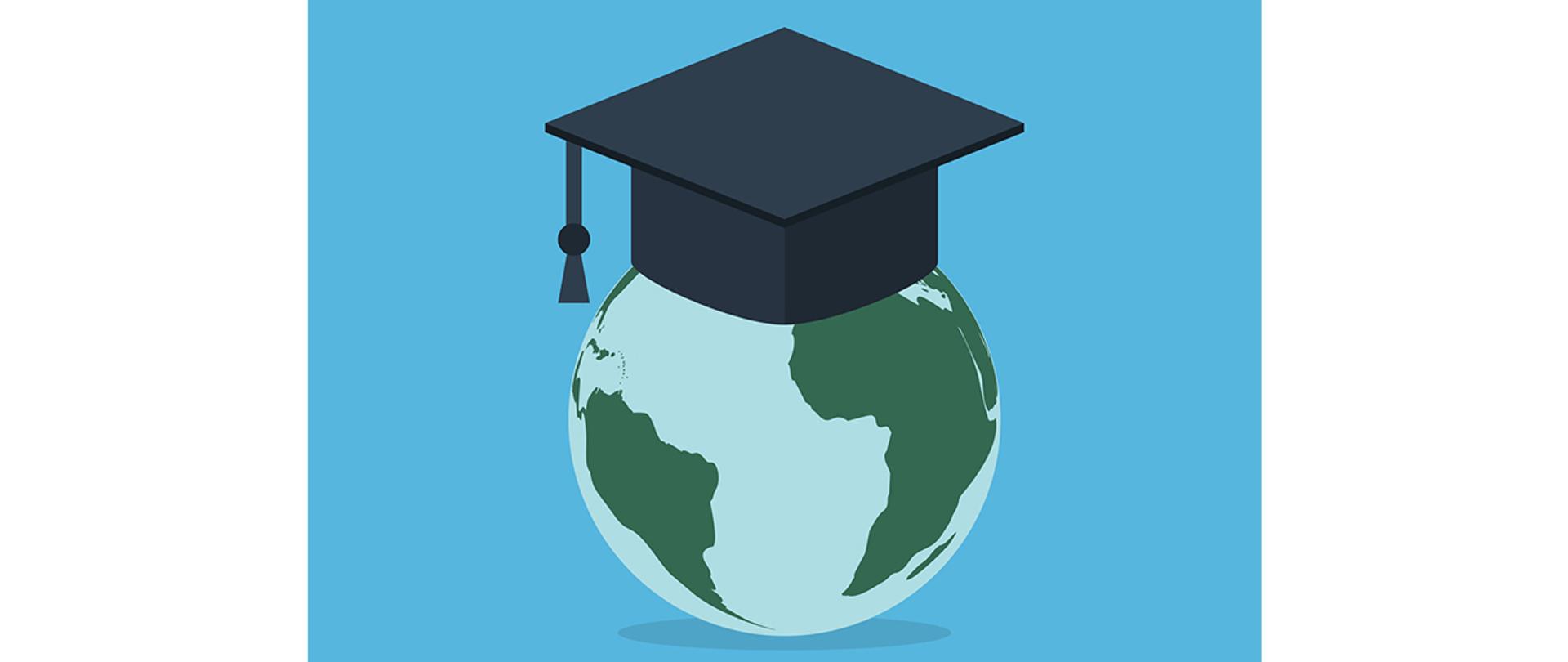 Na grafice: rysunkowa kula ziemska na której umieszczony jest biret absolwenta 