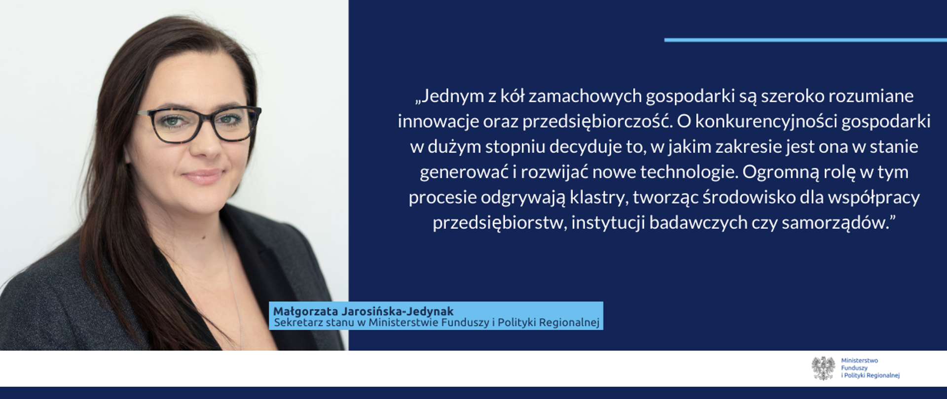 Cytat minister Jarosińskiej-Jedynak o wsparciu przedsiębiorczości i innowacji. 