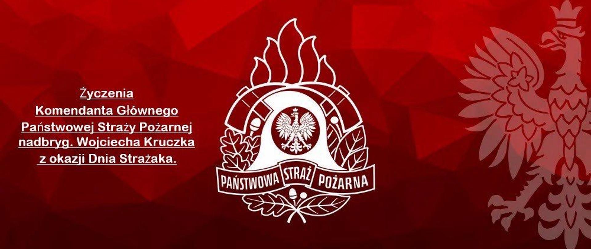 Czerwone tło wg specyfikacji KG PSP. Od prawej znak wodny - orzeł z godła Polski fragment bez prawego skrzydła. W środku na biało - logo PSP, po lewej napis : Życzenia Komendanta Głównego Państwowej Straży Pożarnej nadbryg. Wojciecha Kruczka z okazji dnia Strażaka. 