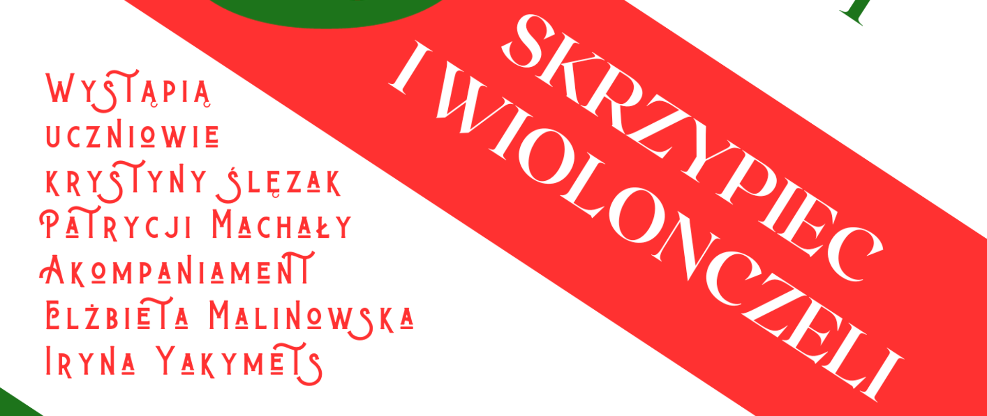 Plakat na kolorowym tle ze szczegółową informacją tekstową dotyczącą koncertu uczniów klasy skrzypiec P. K. Ślęzak i wiolonczeli P. P. Machały - 08 grudnia 2023