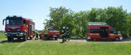 Na ratunek choremu. Łąka w Dębnie Polskim. Na tle drzew stoją trzy wozy strażackie. Wokół nich znajduje się czterech strażaków. Dwóch z nich ma białe hełmy. Strażacy przygotowują lądowisko dla śmigłowca ratunkowego.