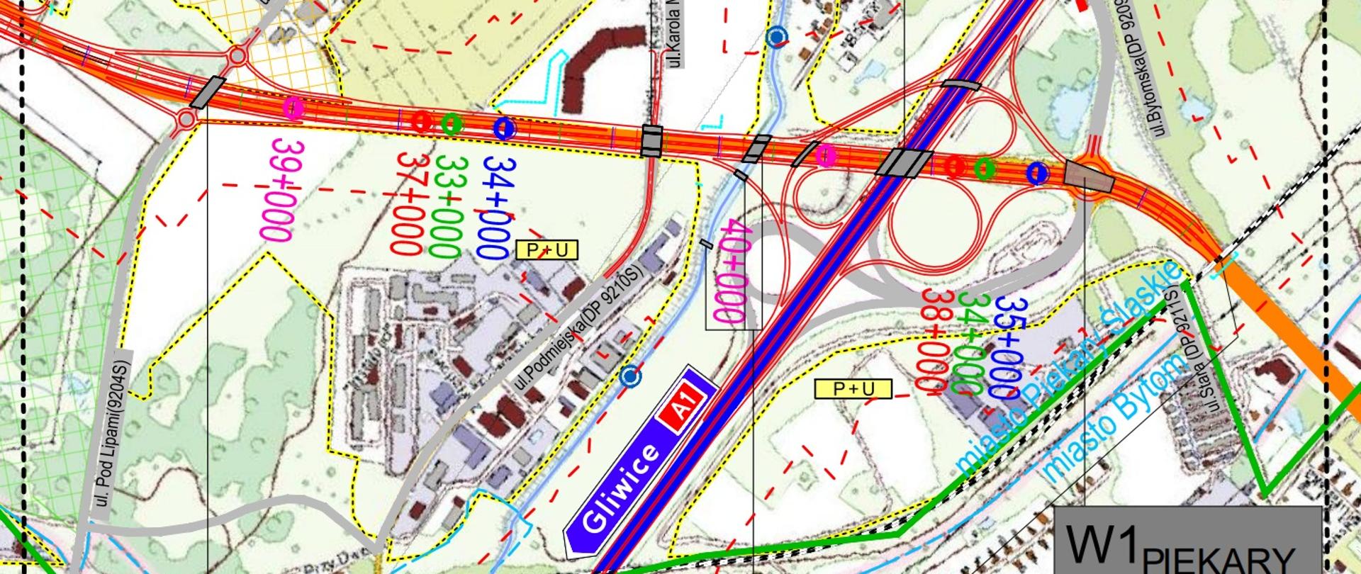 Grafika przedstawia mapę drogową z zaznaczonymi trasami, węzłami drogowymi oraz numeracją kilometrów. Na mapie widoczne są różne elementy infrastruktury drogowej, takie jak ronda, skrzyżowania oraz węzły autostradowe. Kolorowe linie i oznaczenia wskazują różne odcinki dróg oraz ich numery kilometrów. Na mapie znajdują się również nazwy ulic, takie jak ul. Pod Lipami, ul. Karola Miarki, ul. Bytomska oraz ul. Podmiejska. Widoczne są także oznaczenia miejscowości, takie jak Gliwice, miasto Piekary Śląskie oraz miasto Bytom. Mapa jest szczegółowa i zawiera wiele informacji dotyczących układu drogowego w danym regionie, co może być przydatne dla planowania tras i orientacji w terenie.
