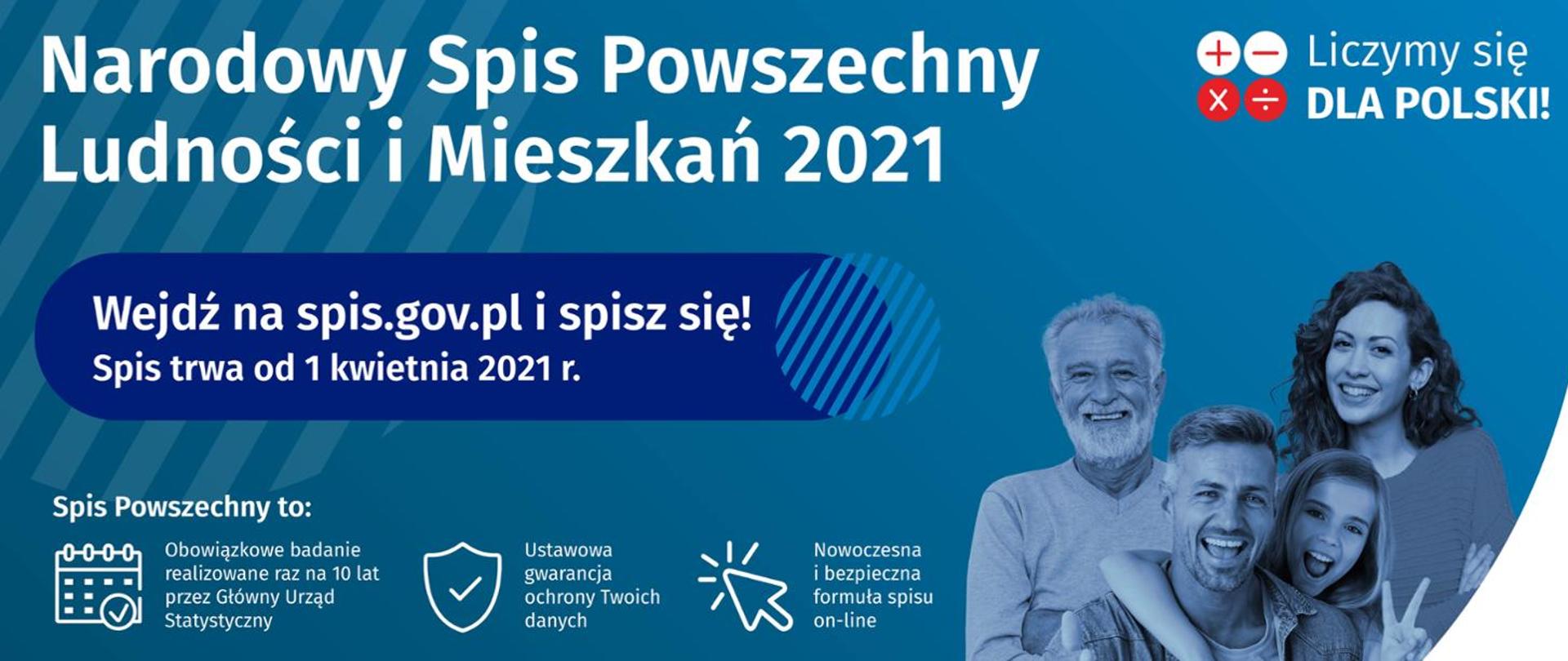Plakat promujący Narodowy Spis Powszechny Ludności i Mieszkań 2021 z czteroosobową rodziną w tyle