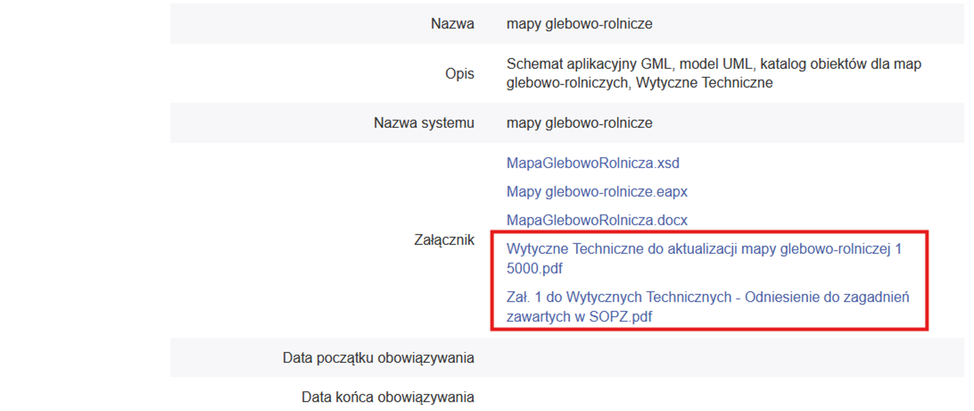 zrzut ekranu prezentuje lokalizację linków do pobrania dokumentów - Wytycznych Technicznych do aktualizacji mapy glebowo-rolniczej 1 5000 oraz załącznika nr 1 do Wytycznych Technicznych - Odniesienie do zagadnień zawartych w SOPZ
