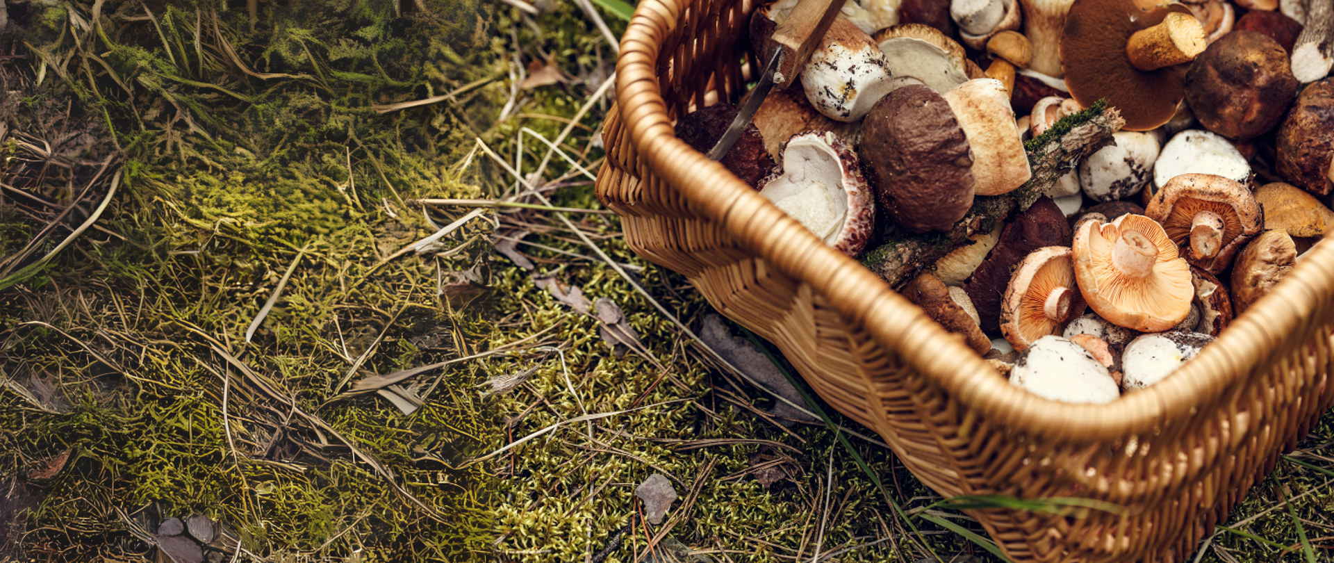 Na zdjęciu widoczny jest koszyk wypełniony grzybami, który stoi na ziemi w lesie. Koszyk jest wiklinowy, a grzyby w nim są różnorodne pod względem kształtu i koloru, co sugeruje, że zostały zebrane podczas grzybobrania. W tle widać leśną ściółkę, z mchem, igłami i gałązkami, tworzącą naturalne, zielone podłoże. Grzyby wydają się być świeżo zebrane, a całość kompozycji oddaje jesienny klimat.