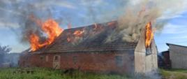 Centralny punkt zdjęcia stanowi duży budynek gospodarczy, chlewnia. Dach budynku w całości objęty ogniem. Widać bardzo duże płomienie. Zdjęcie wykonane w dzień. W tle widać niebieskie niebo.