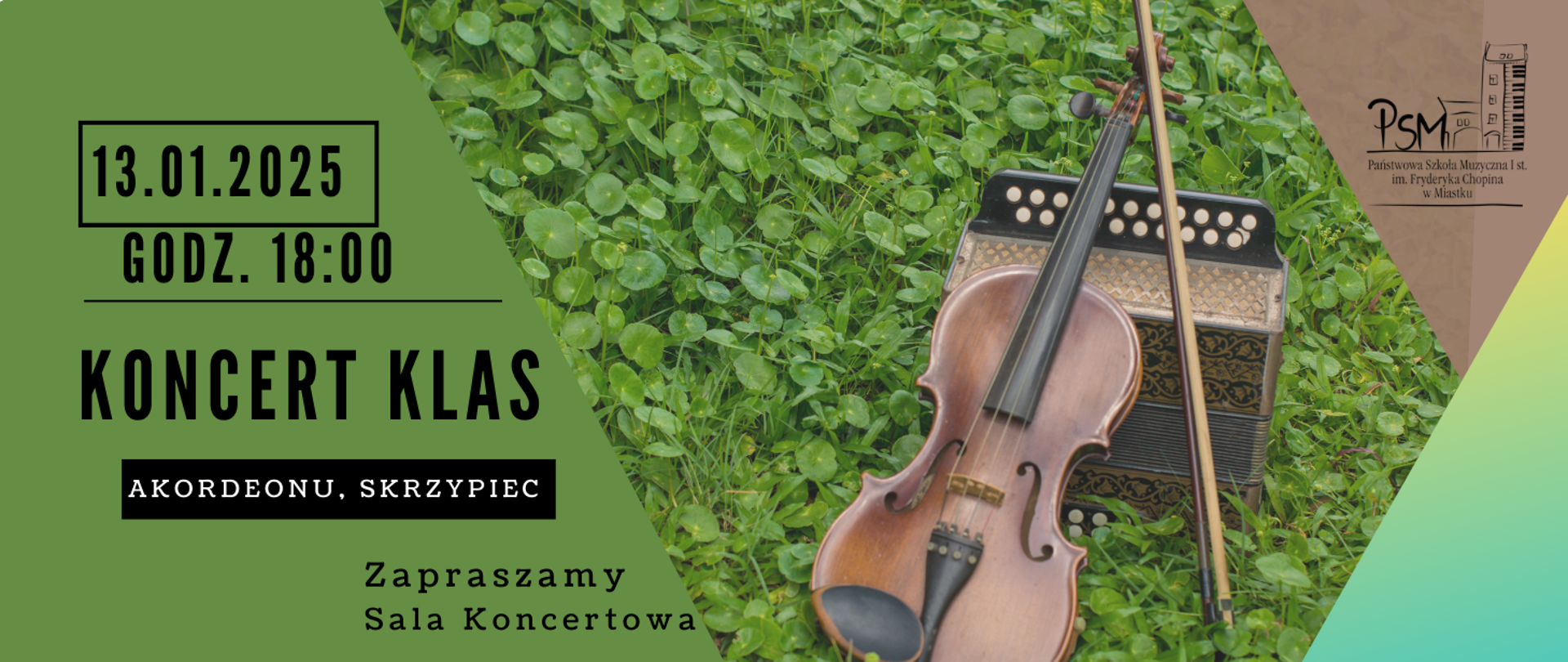 Grafika informująca o koncercie uczniów klas akordeonu i skrzypiec 13 stycznia 2025 roku o godz. 18:00 w sali koncertowej naszej szkoły.