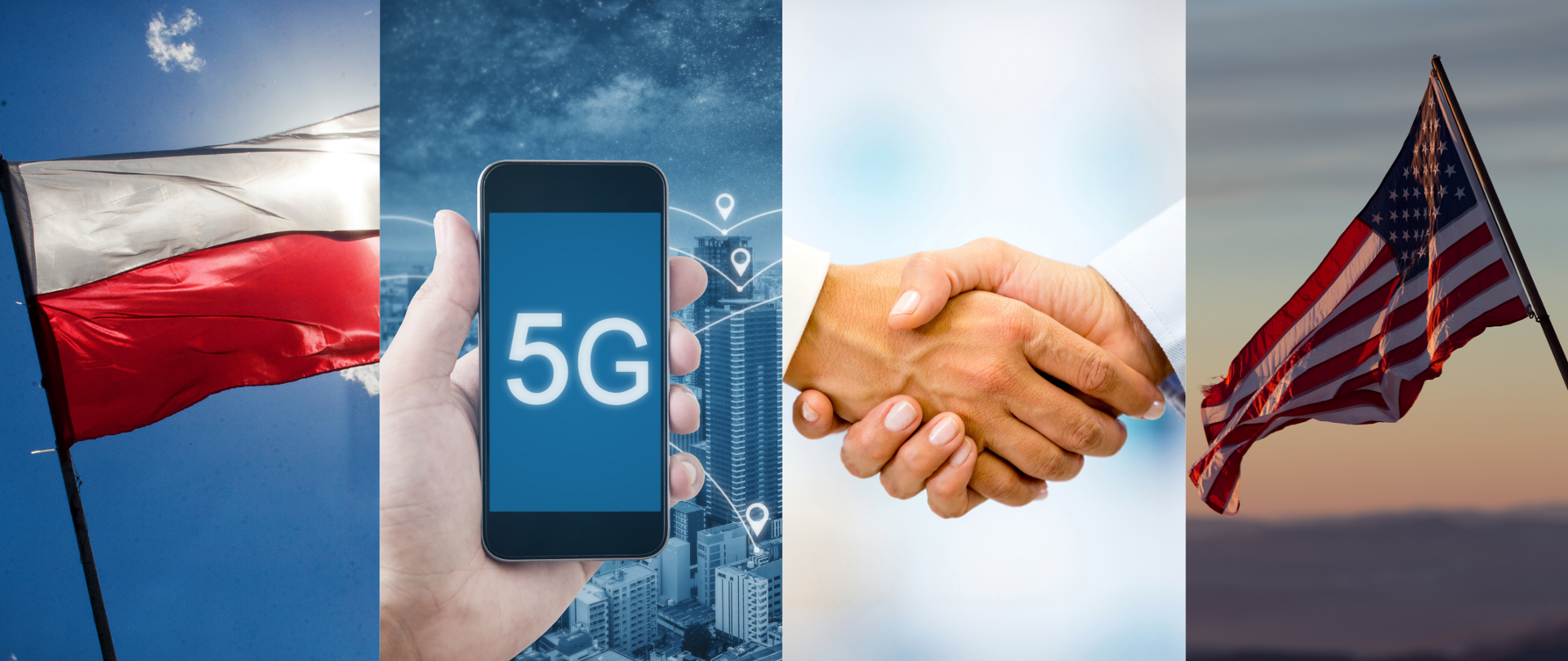 Flagi - polska oraz amerykańska, grafika 5G oraz uściśnięte dłonie