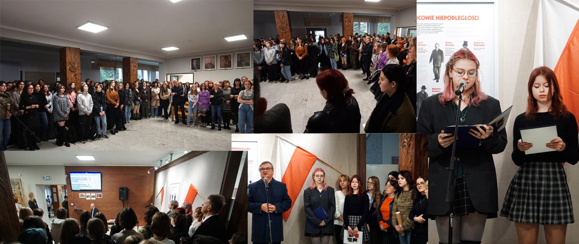 na zdjęciu uczniowie i nauczyciele kieleckiego Plastyka, śpiewający i recytujący wiersze i pieśni patriotyczne 