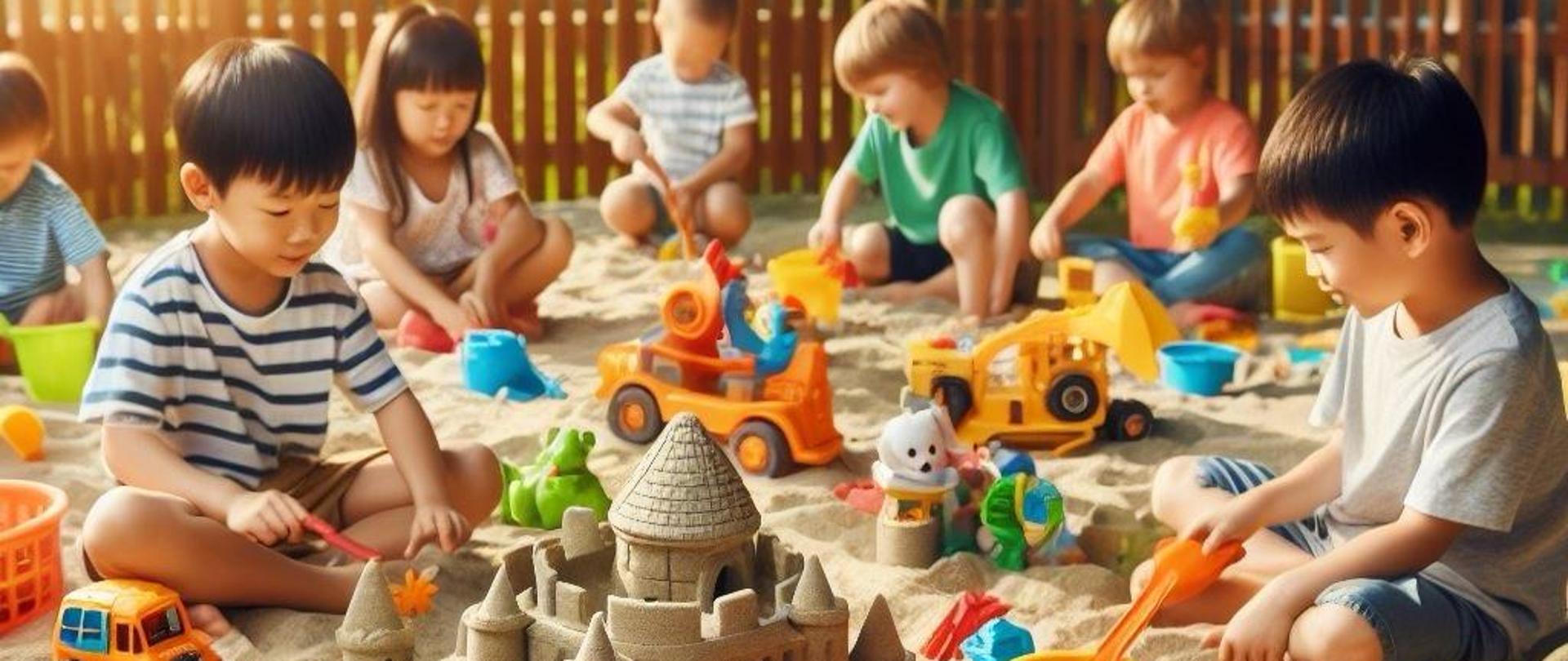 Dzieci bawiące się w piaskownicy kolorowymi zabawkami