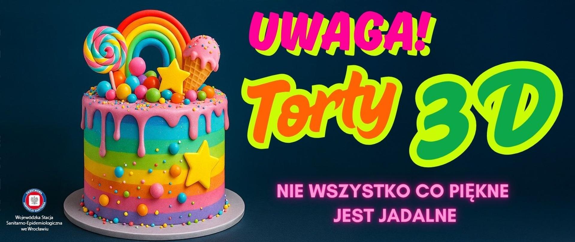 Kolorowy tort w tęczowych kolorach z dekoracjami 3D na całej jego powierzchni.