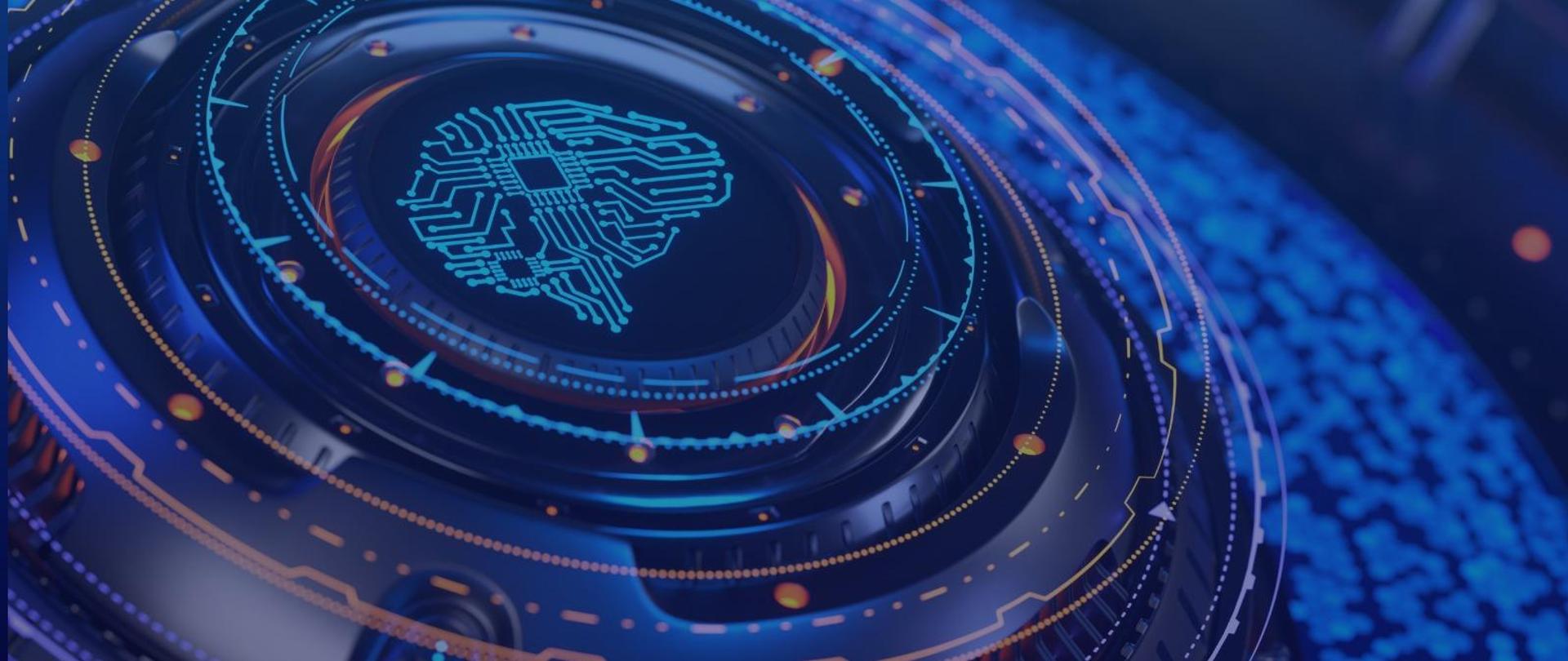 Grafika - na czarnym tle niebieski zarys obwodu elektronicznego otoczonego kilkoma kolorowymi kręgami.