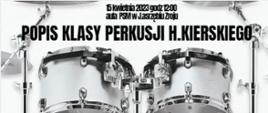 15 kwietnia 2023 r. aula PSM w Jastrzębiu-Zdroju, popis klasy perkusji H. Kierskiego, w czarno-białym tle zestaw perkusyjny 