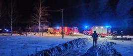 Pora nocna, widoczne pojazdy gaśnicze z włączonymi światłami niebieskimi błyskowymi, widoczny śnieg, węże pożarnicze oraz strażacy. teren oświetlony 