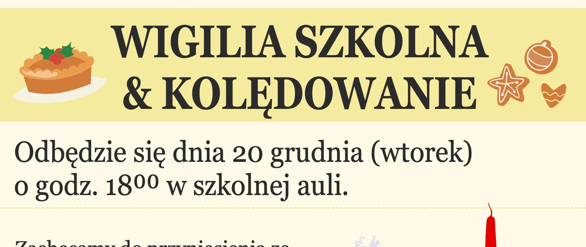 Plakat na jasnym tle, poziome paski szare i żółte, symbole instrumentów oraz symbole potraw wigilijnych. 